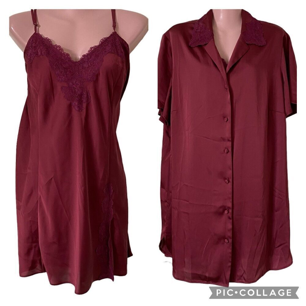 Cacique Robe Nightgown Womens Size 14 / 16 Slip Chemise Gown Set Maroon